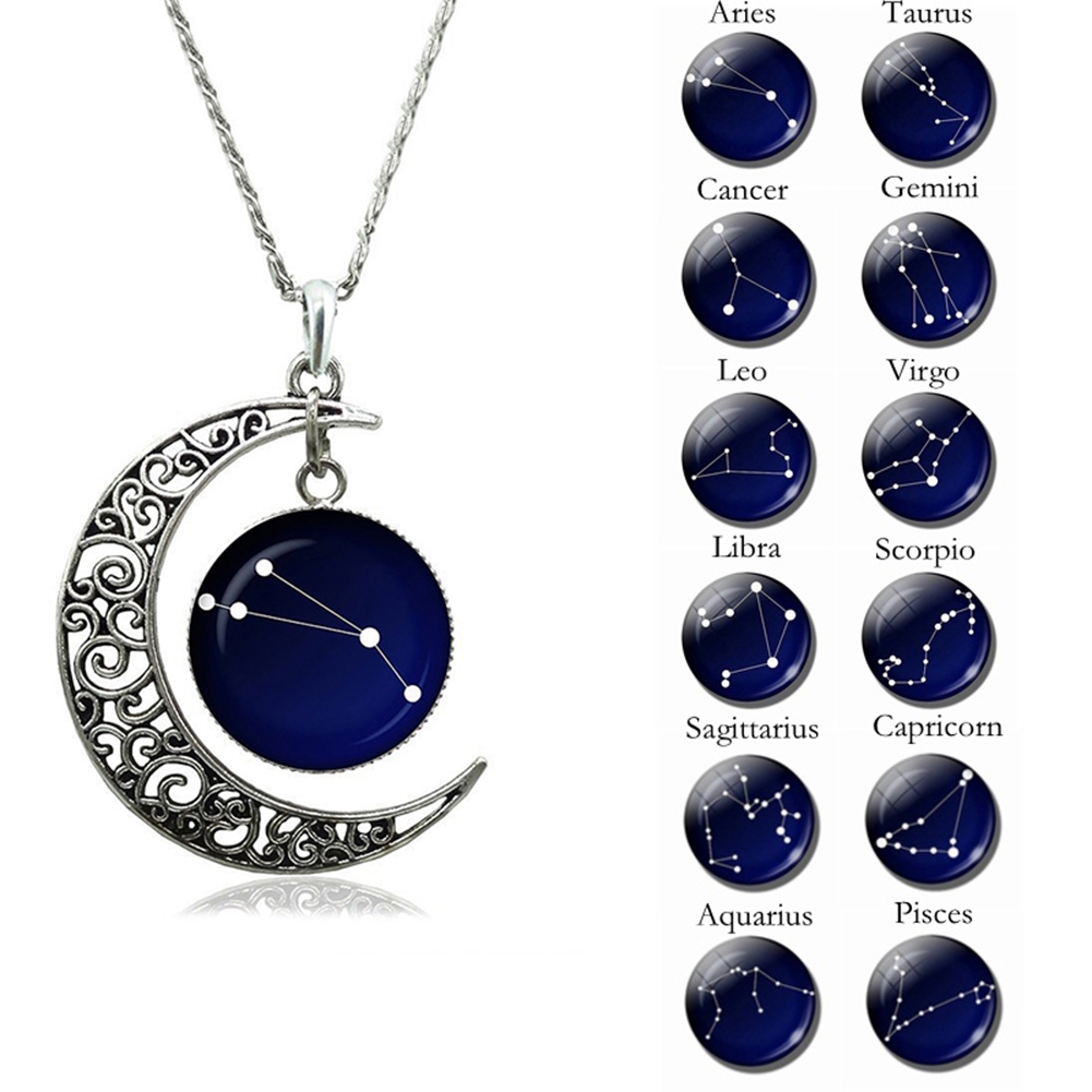 Jiaroswwei Astrology Astrological Signs Hollow Moon Glass Cabochon Pendant Women Necklace